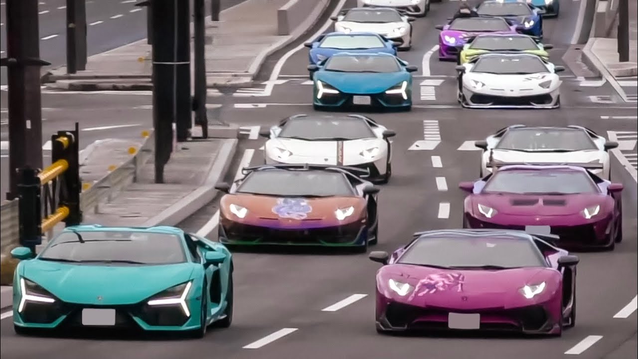 【圧巻の光景✨】数十台のランボルギーニ‼️ マフラー音も凄い‼️　[オンリーアヴェンタドールツーリング]