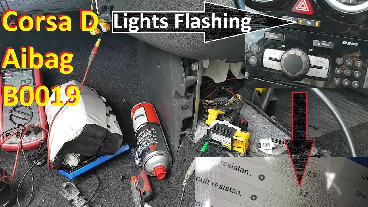 Vauxhall/Opel Corsa D airbag error B0019. Lights flashing. Fault finding and repair.