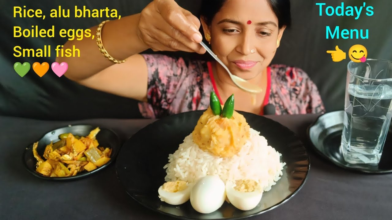 Eating rice, alu bharta, boiled eggs, small fish🤗| Asme eating