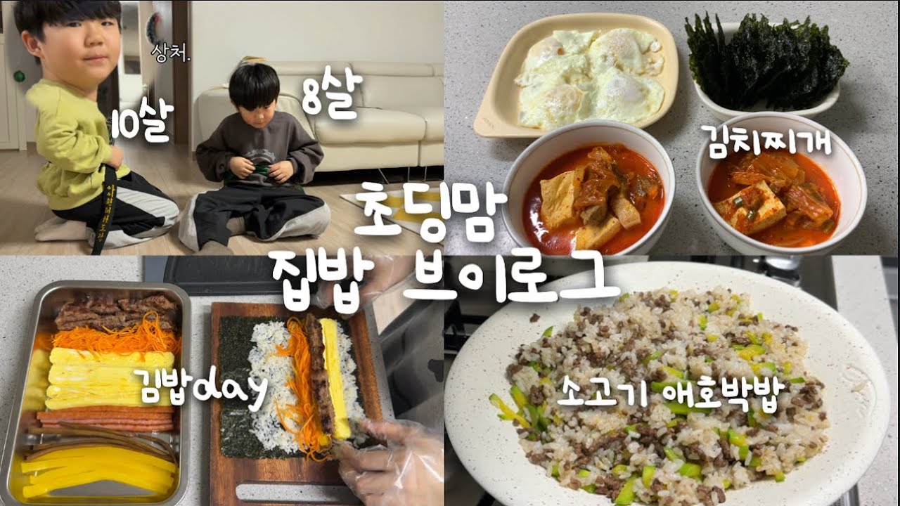 [vlog] 초1 맘 집밥 브이로그👩&zwj;🍳✨,10살 8살 형제,소고기 소보로,애호박밥,떡갈비 김밥,김치찌개