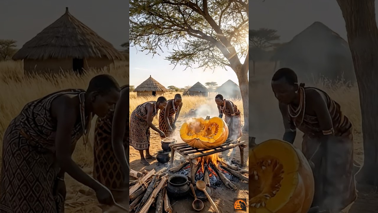 GIANT! Pumpkin Cooked Over Open Fire 🎃 Bush Cooking #africa #primitivecooking #food #trending