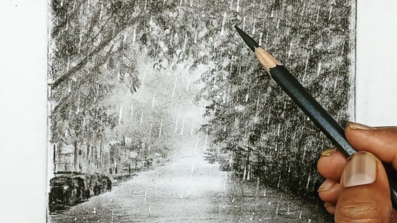 Rainy season drawing by pencil with easy ways/ Rainy day drawing.