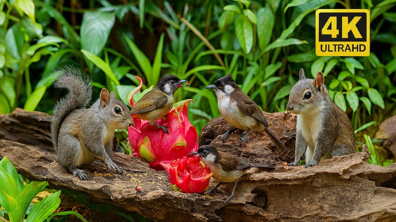 Cat TV 4K Ultra HD 🐦🐿️ Gray Squirrels & Colorful Birds Eating Dragon Fruit | Relaxing Nature Video