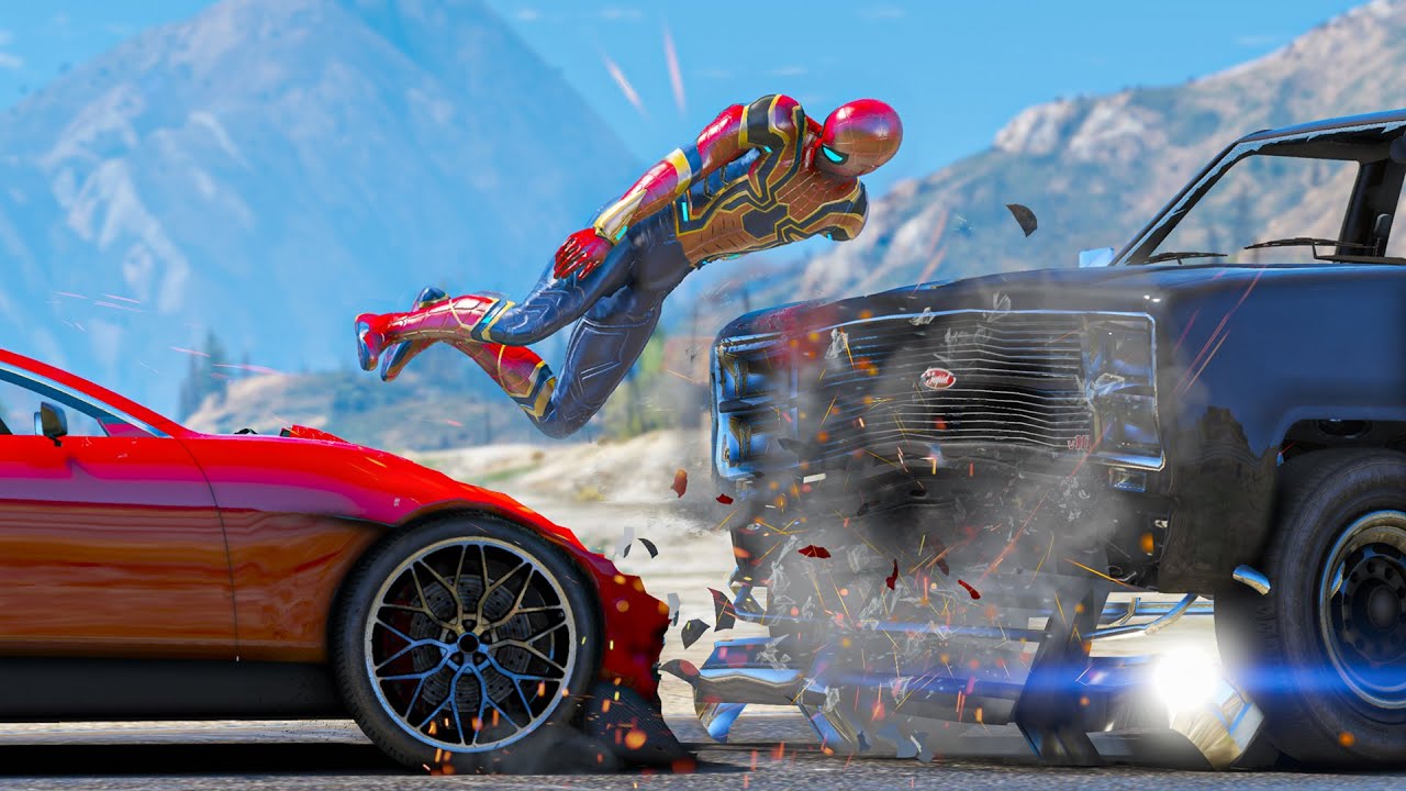 GTA 5 Iron Spiderman Car Crashes - Spider-Man Ragdolls #4 (Euphoria physics)