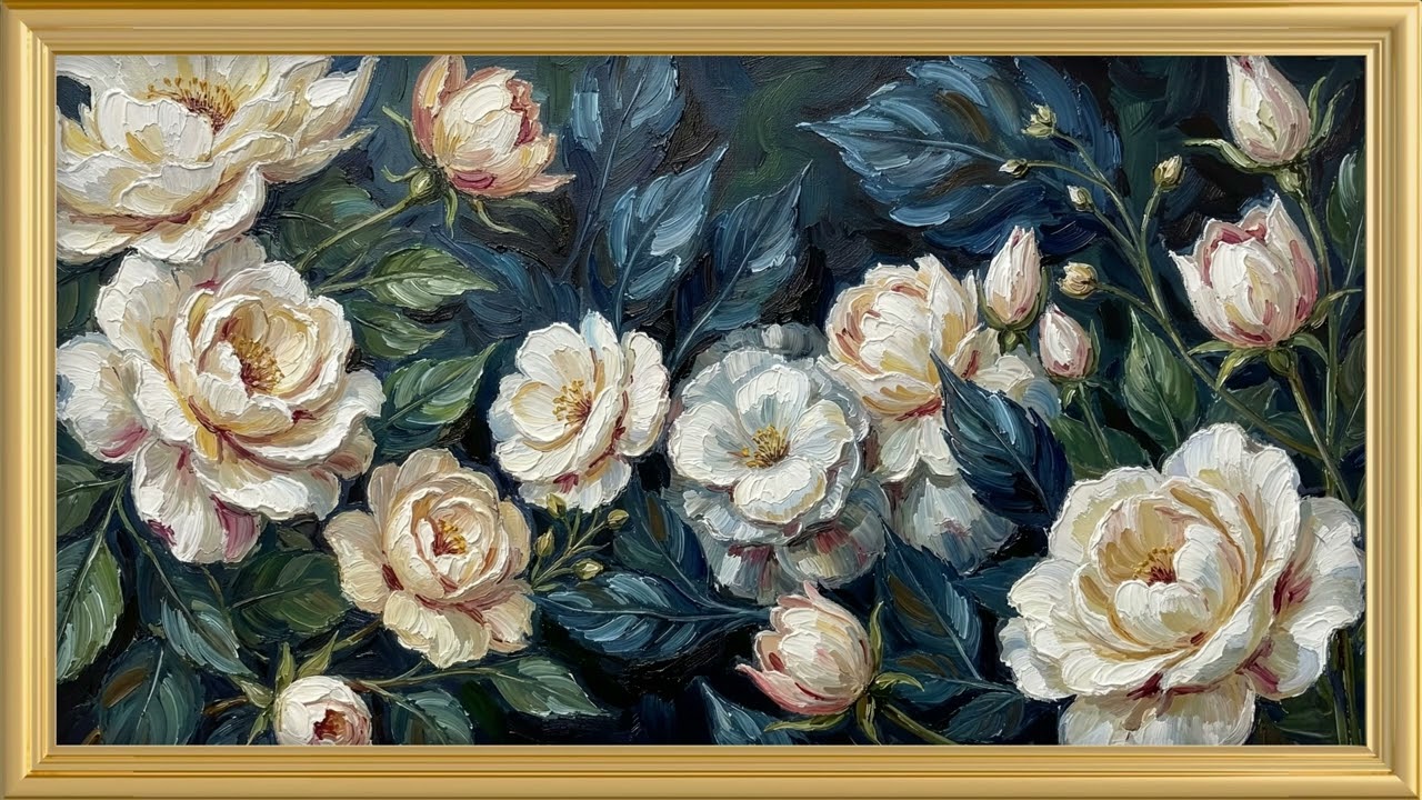 White Roses & Teal Foliage Floral Oil Painting | TV Wallpaper | Free Background | 4K Frame Art