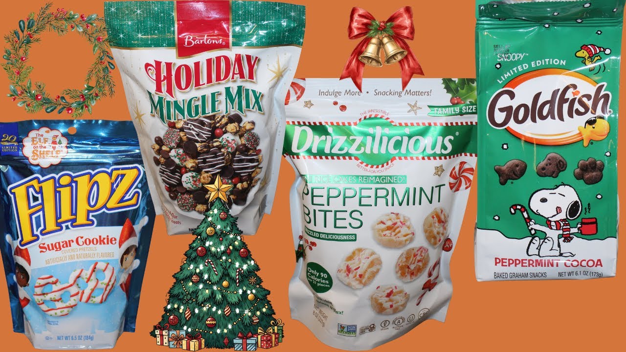 Flipz Sugar Cookie, Bartons Mingle Mix, Drizzilicious Peppermint Bites, Goldfish Peppermint Cocoa