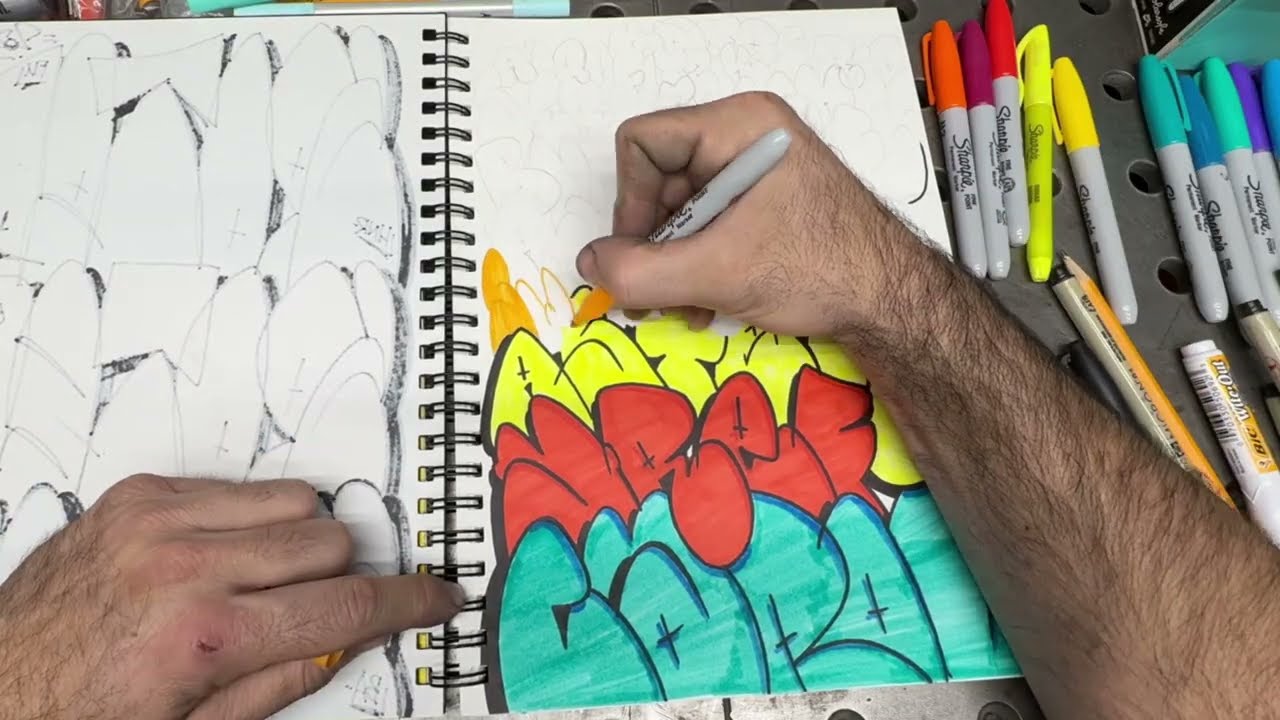 We draw all the names in a throw up bubble graffiti style on a single page!