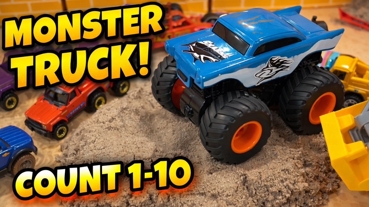 Monster Truck & Color Trucks Drive Over Kinetic Sand | Count 1–10 for Kids