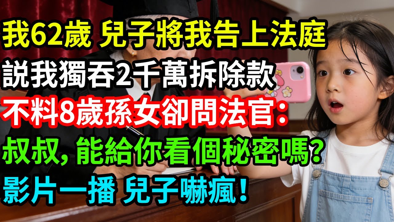 我62歲，兒子將我告上法庭，説我獨吞2千萬拆除款，不料8歲孫女卻問法官：叔叔，能給你看個秘密嗎？影片一播，兒子嚇瘋！