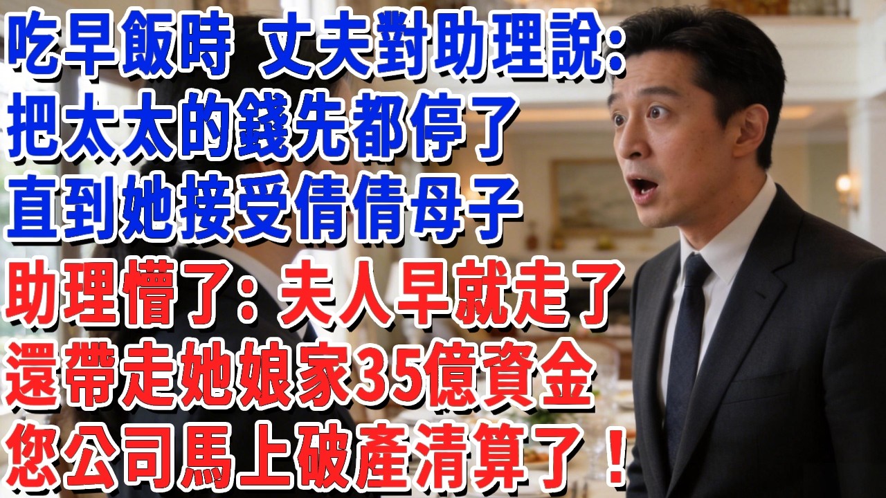 吃早飯時 丈夫對助理說：把太太的錢先都停了，直到她接受倩倩母子，助理懵了：夫人早就走了，還帶走她娘家35億資金，您公司馬上破產清算了！#小娟講故事 #情感故事 #老年生活