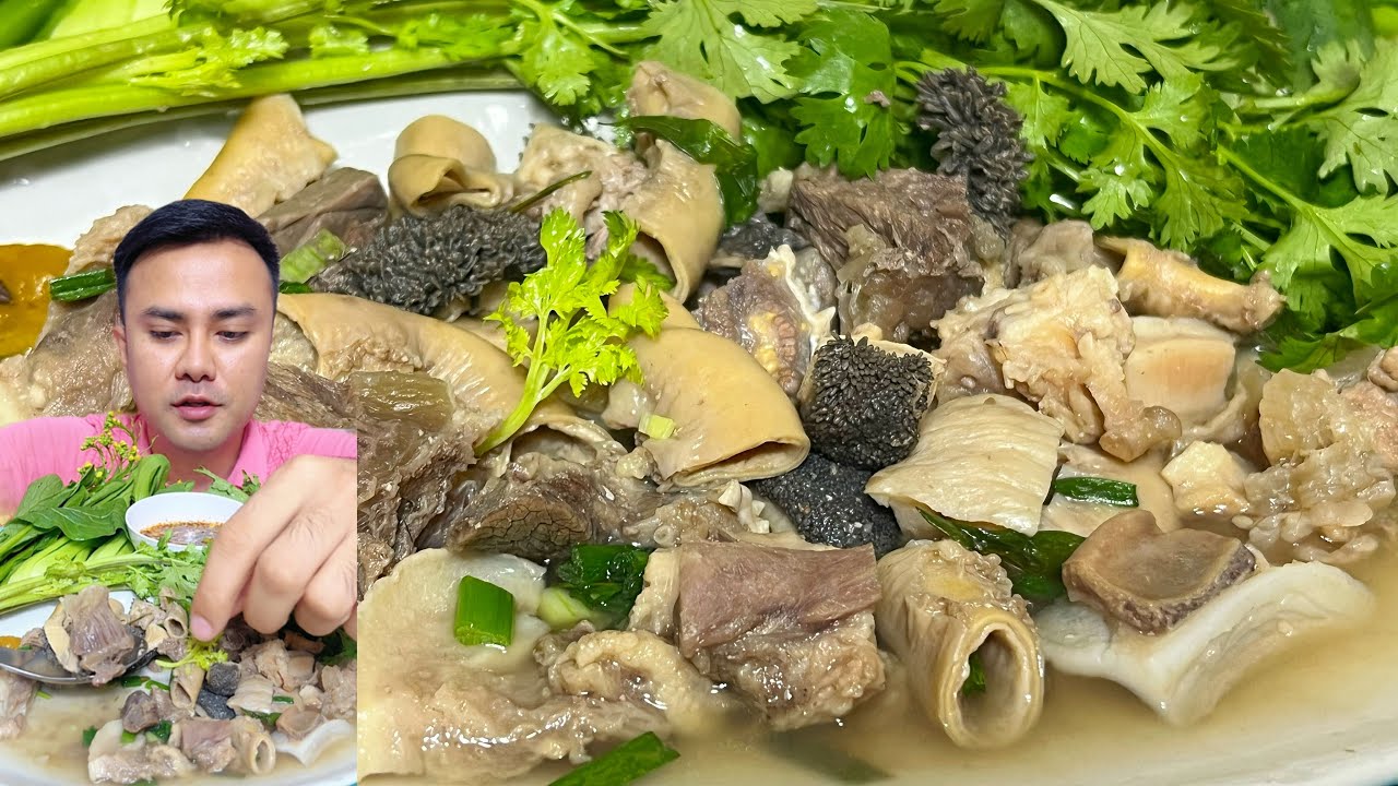 เครื่องในวัวต้มจิ้มแจ่วขม เปื่อยๆ ม้วนผักสดๆแกล้ม แซ่บคักสุดทอนั่น #mukbang #food 