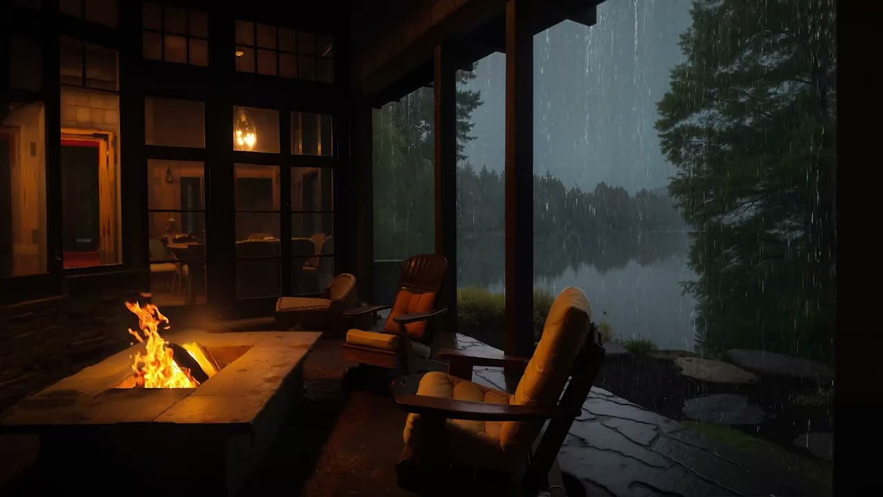 Quiet Moments in a Rainy Cabin by the Lake | Soft Fireplace and Calm Night Rain Ambience