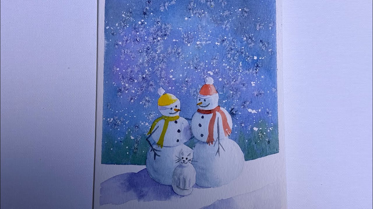 Snow People and Snow Cat Watercolour Christmas Art Card