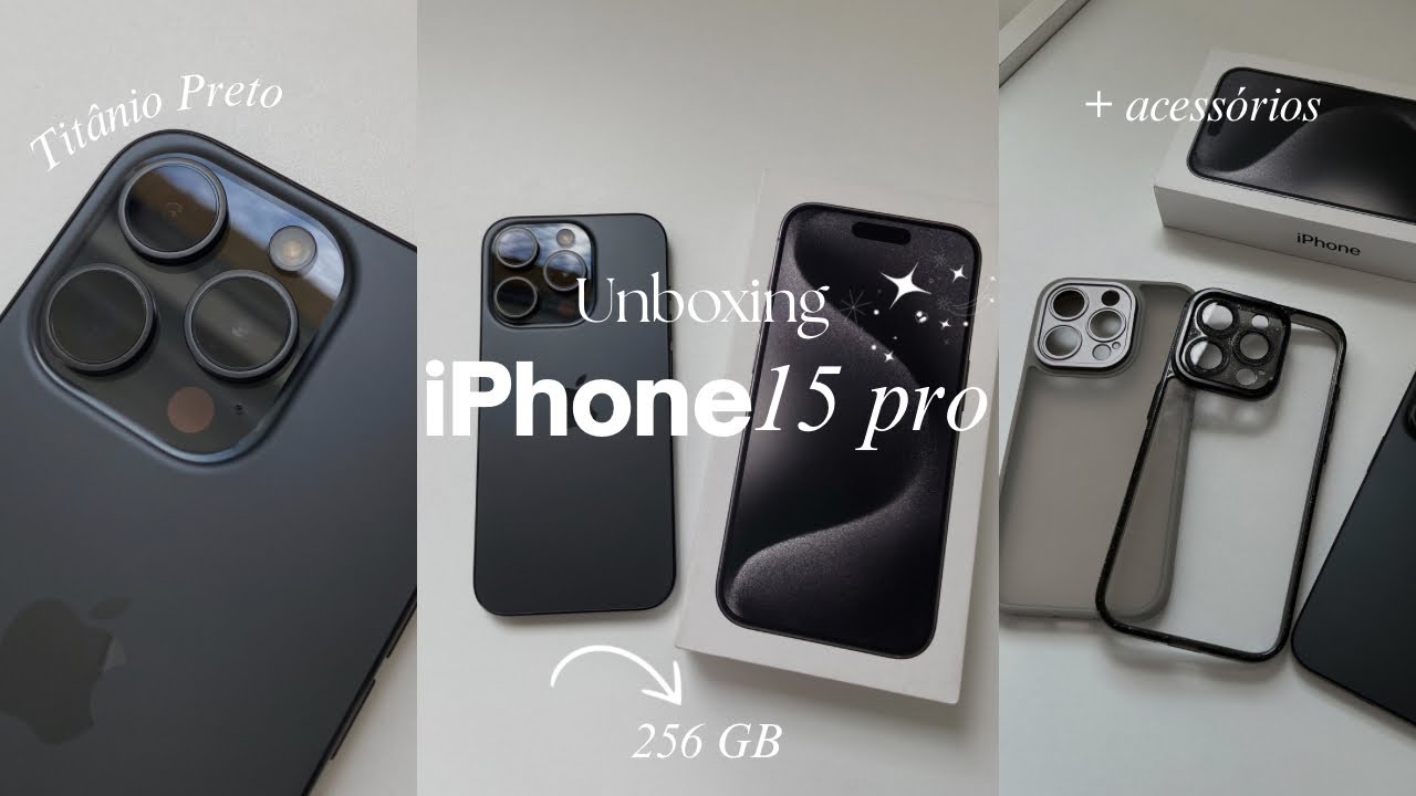 Meu novo celular iPhone 15 pro 💗| Titânio Preto *256gb* Unboxing + acessórios 📦