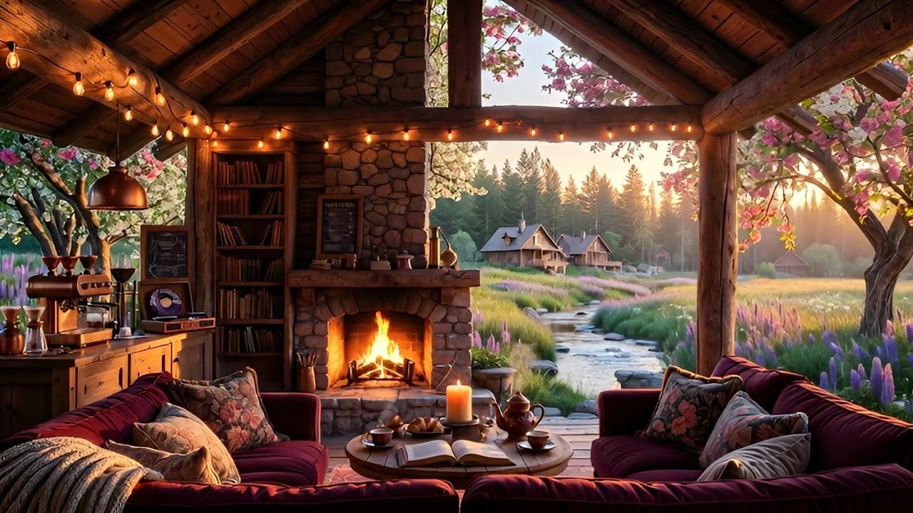 Relaxing Spring Jazz Music for Relax | Cozy Cabin Fireplace Ambience & Relaxing Smooth Jazz 
