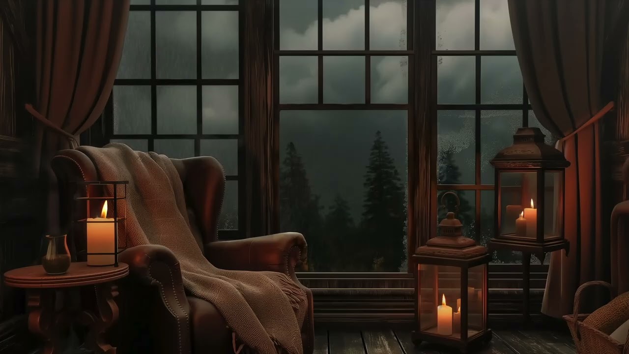 Stormy Rain Outside a Cozy Room 🌧️ Subtle Fireplace Sounds for Deep Sleep & Relaxation | 3 Hours