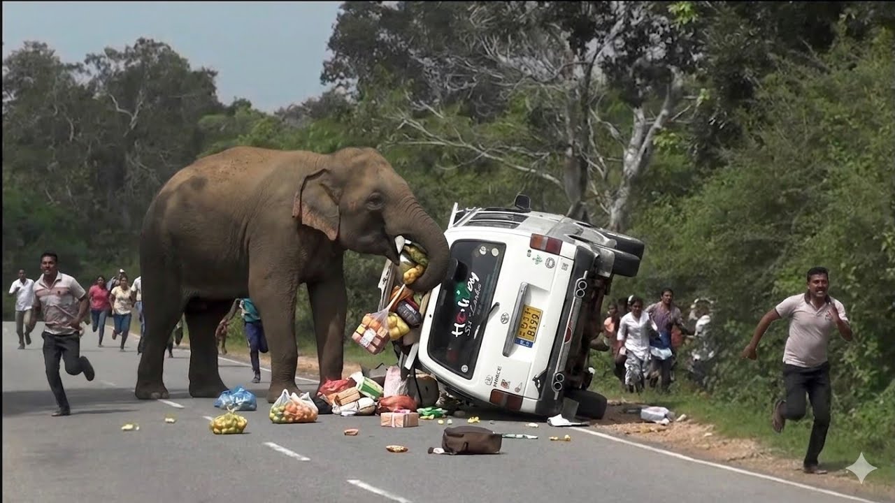 Chaos on the Road! Elephant Attacks Fruit Van in Sri Lanka 🐘🚗