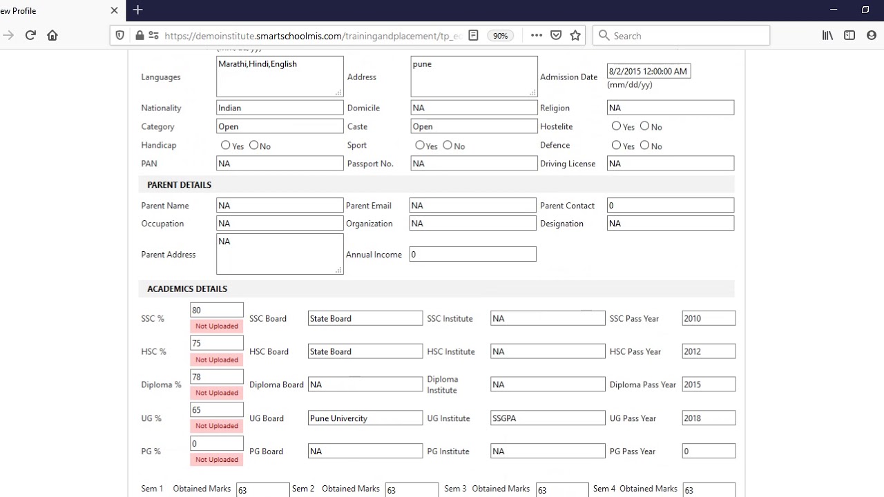 How to edit student profile in tpo login in training and placement using Smart School MIS