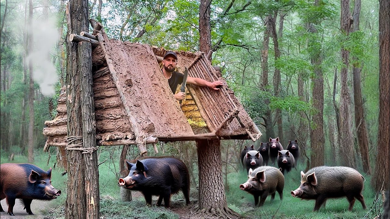 Building a hanging shelter from clay to escape from a wild boar