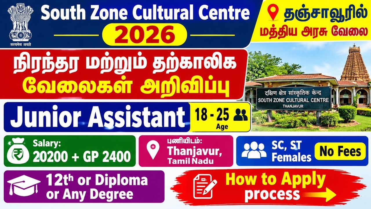 🔥Thanjavur Central Government Job 2026 | SZCC Recruitment | No Fees | Junior Assistant