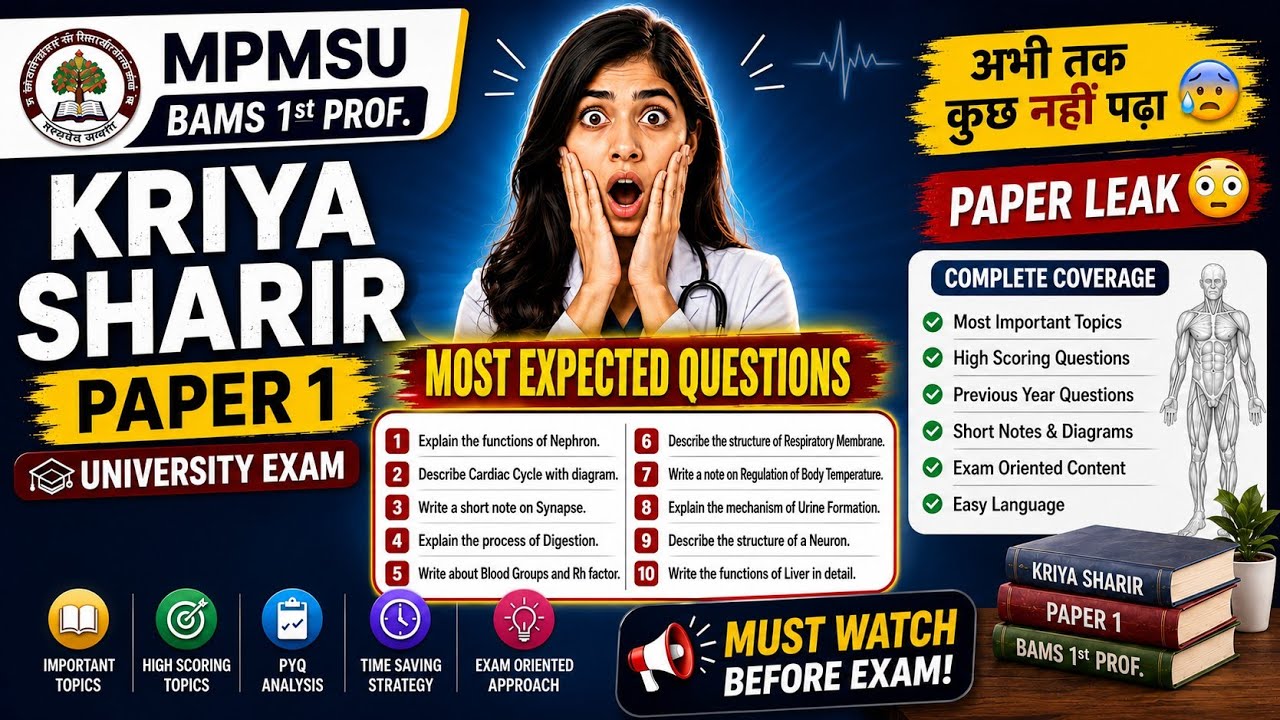 😱 अभी तक कुछ नहीं पढ़ा? Most Expected questions 📖 Kriya Sharir Paper 1 MPMSU BAMS 1ST PROF.