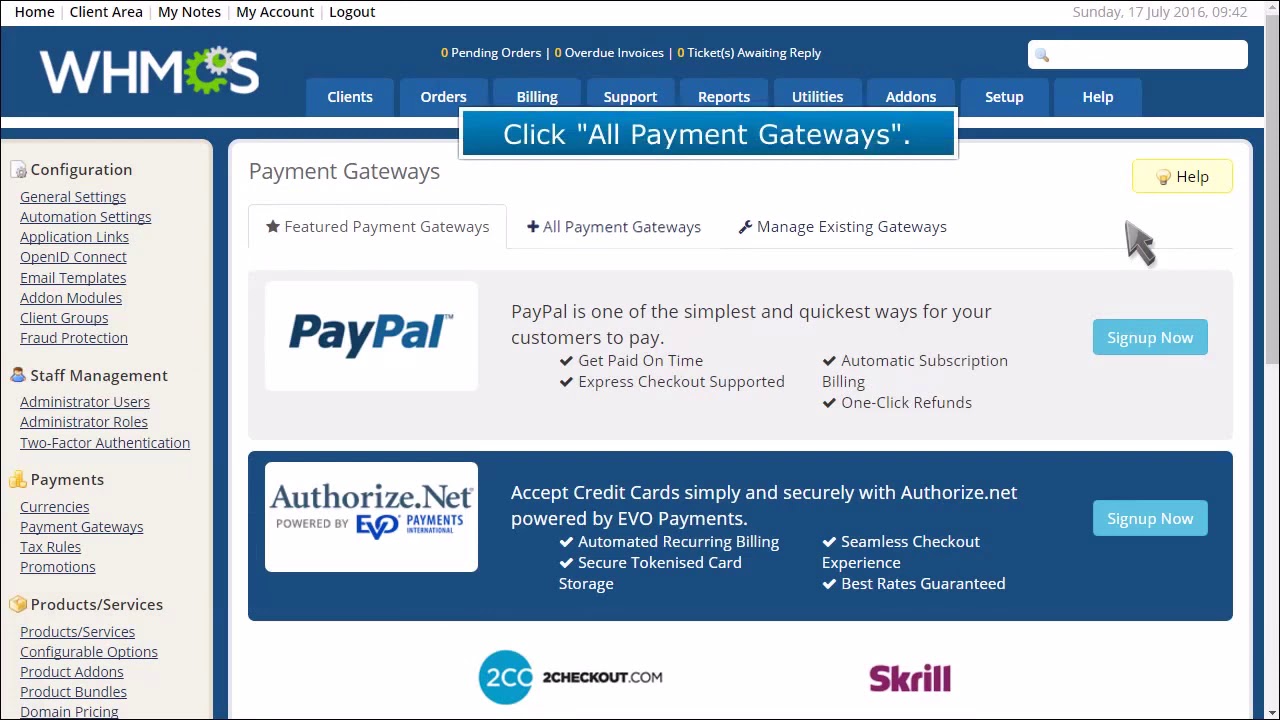 WHMCS. How to Set Up Payment Gateways
