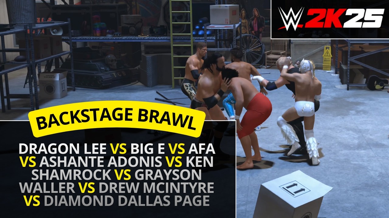 WWE 2K25 – Dragon Lee vs Big E vs Afa vs Ashante Adonis vs Ken Shamrock (Backstage Brawl)