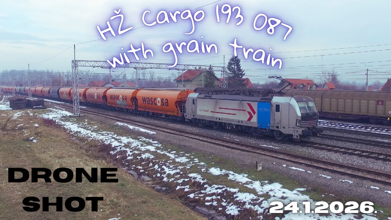 HŽ Cargo 193 087 stopping with grain train in Andrijevci train station (24.1.2026.) DRONE SHOT