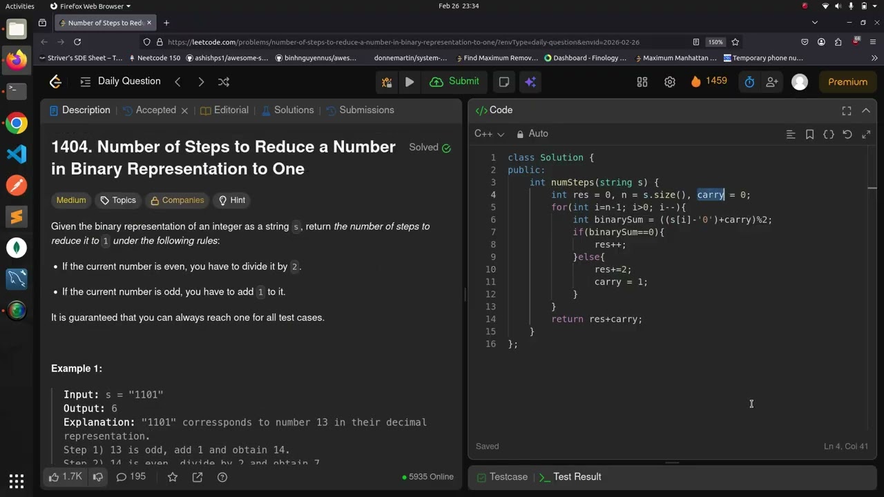 Leetcode 1404 | Number of Steps to Reduce a Number in Binary Representation to One