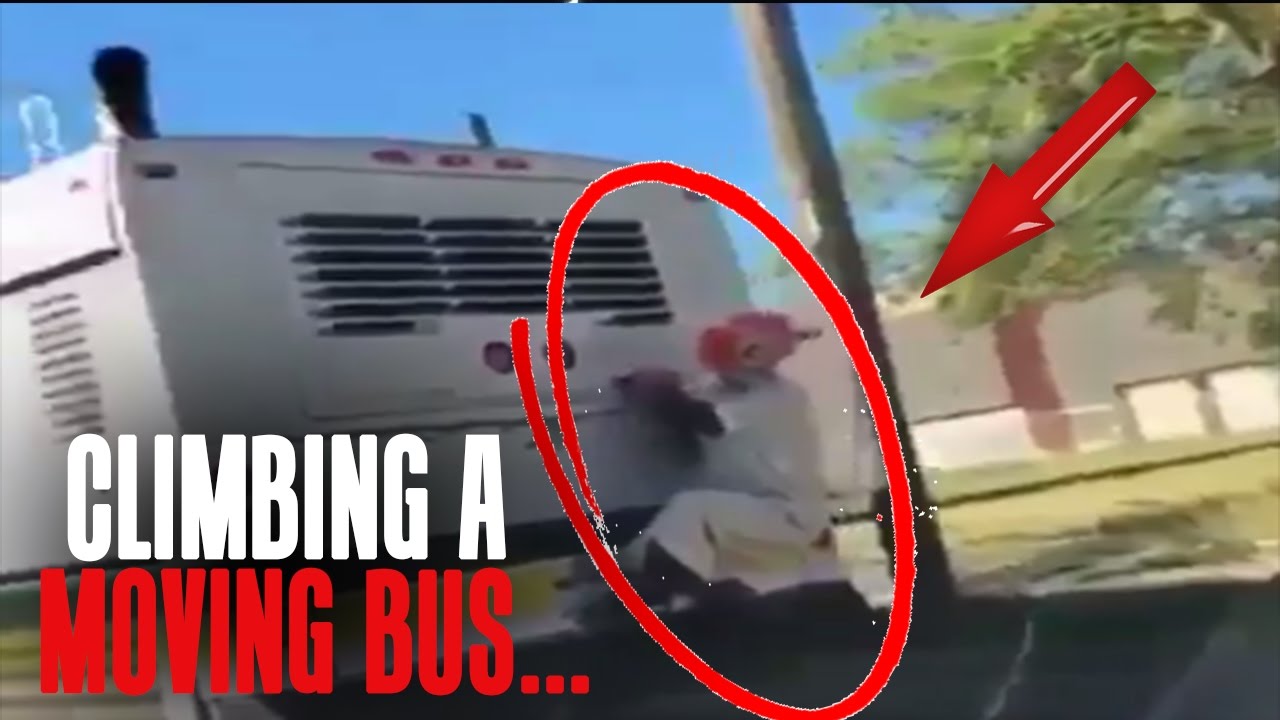 CLOWN CLIMBING A MOVING BUS...