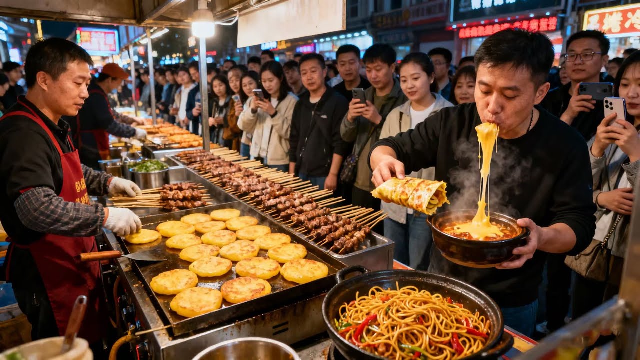 精彩的中国夜市美食街头小吃！诱人的中国美食！