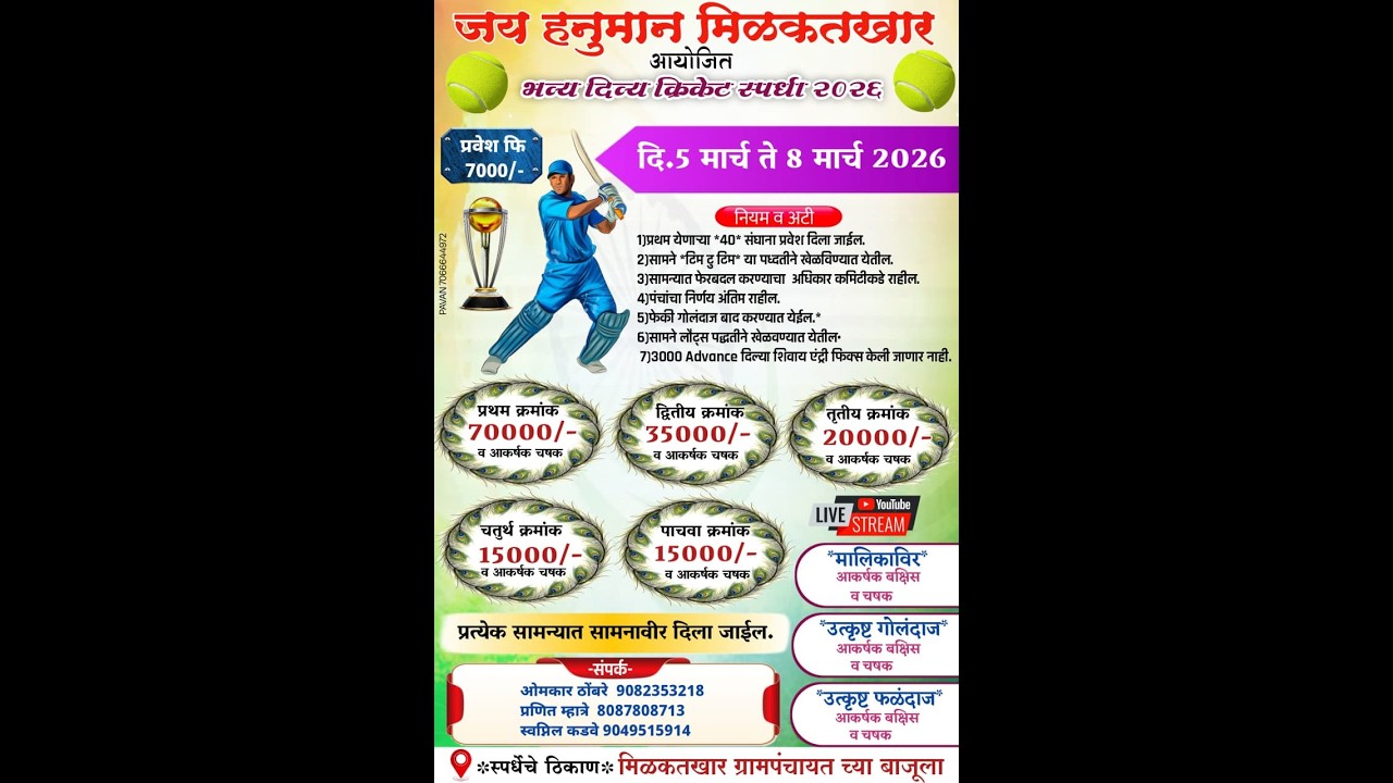 जय हनुमान मिळकतखार आयोजित भव्य दिव्य क्रिकेट स्पर्धा २०२६ || अंतिम दिवस  ||