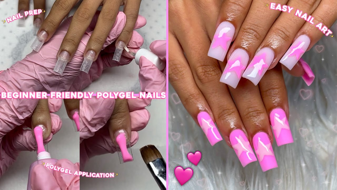 BEGINNER FRIENDLY POLYGEL NAILS✨ EASY PINK STAR NAIL ART & POLYGEL APPLICATION | Nail Tutorial