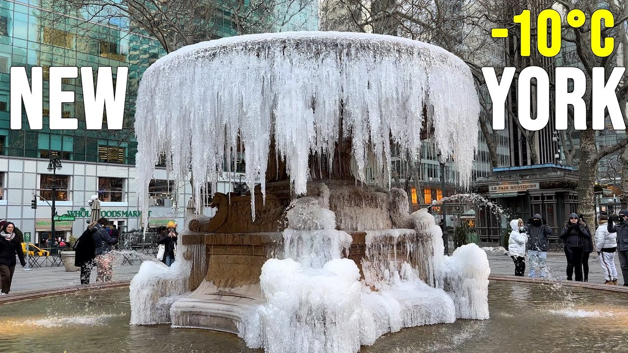 ⁴ᴷ New York City Winter Walk 2023 - Frozen Bryant Park Fountain & New York Public Library Tour