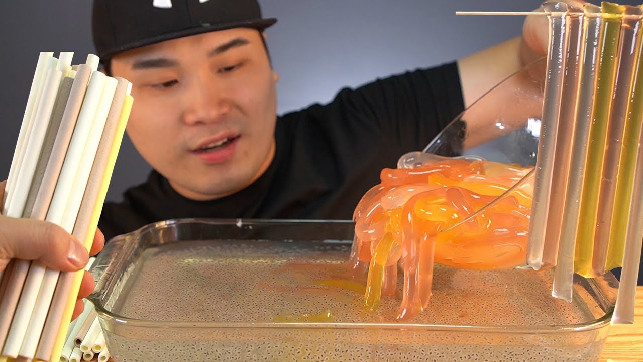 지렁이젤리국수, 먹는빨대 먹방~!! 리얼사운드 social eating Mukbang(Eating Show)
