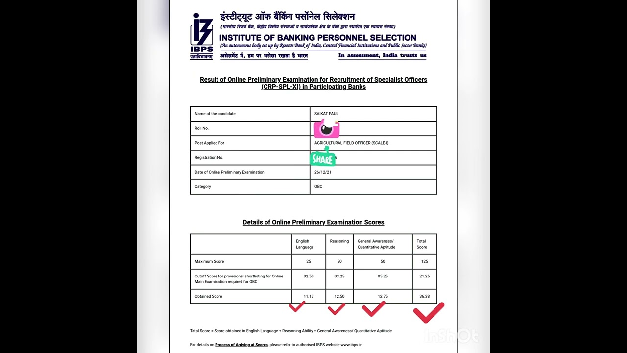 My IBPS AFO PRELIMS 2021 2022 SCORECARD