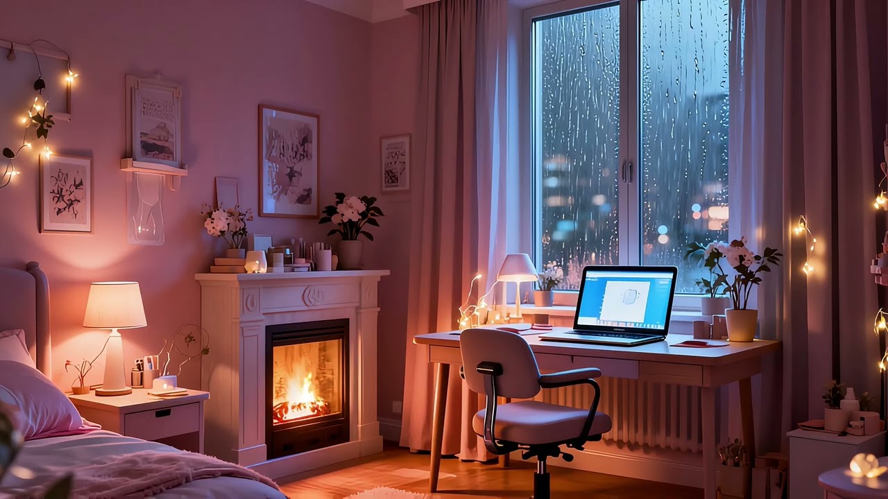 🌧️ ✨ Rain on the Window + Fireplace Sounds | Cozy Warm Study & Relaxation Ambience