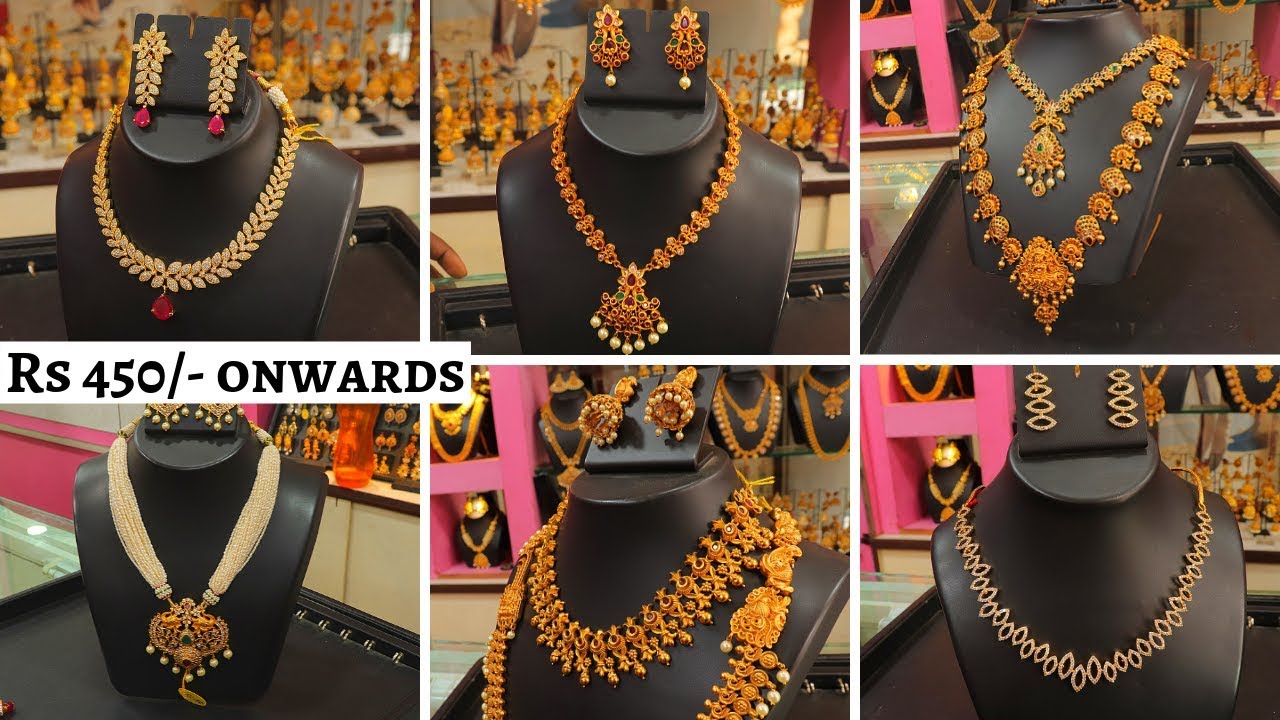 Rs 450 Onwards Designer Necklace | Neck Sets | Pendant | Haram | Mugappu Chain |