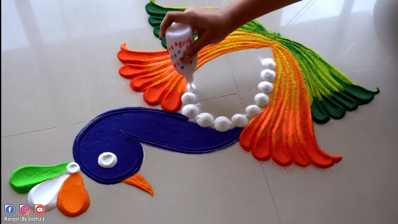 Independence day Rangoli | 15th August Special peacock Rangoli by Sneha J |