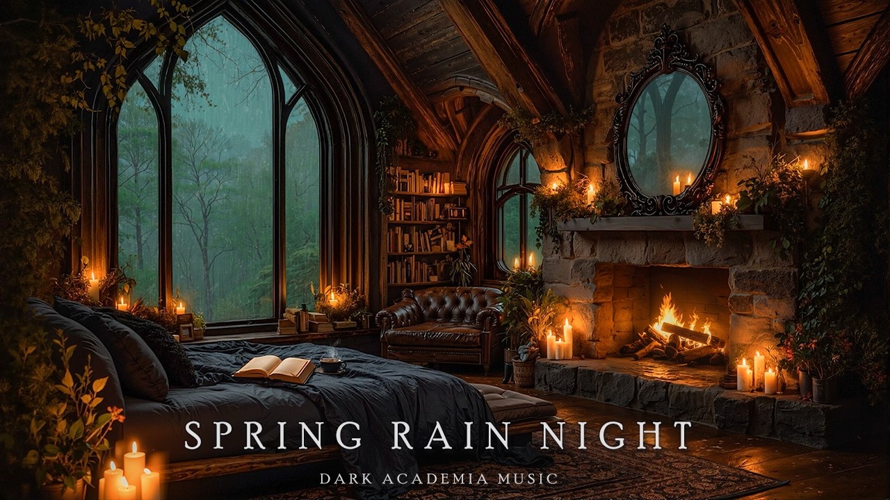 Reading a Book in a Warm Bed on a Spring Rain Night | Dark Academia Music for Relax, Sleep, Study