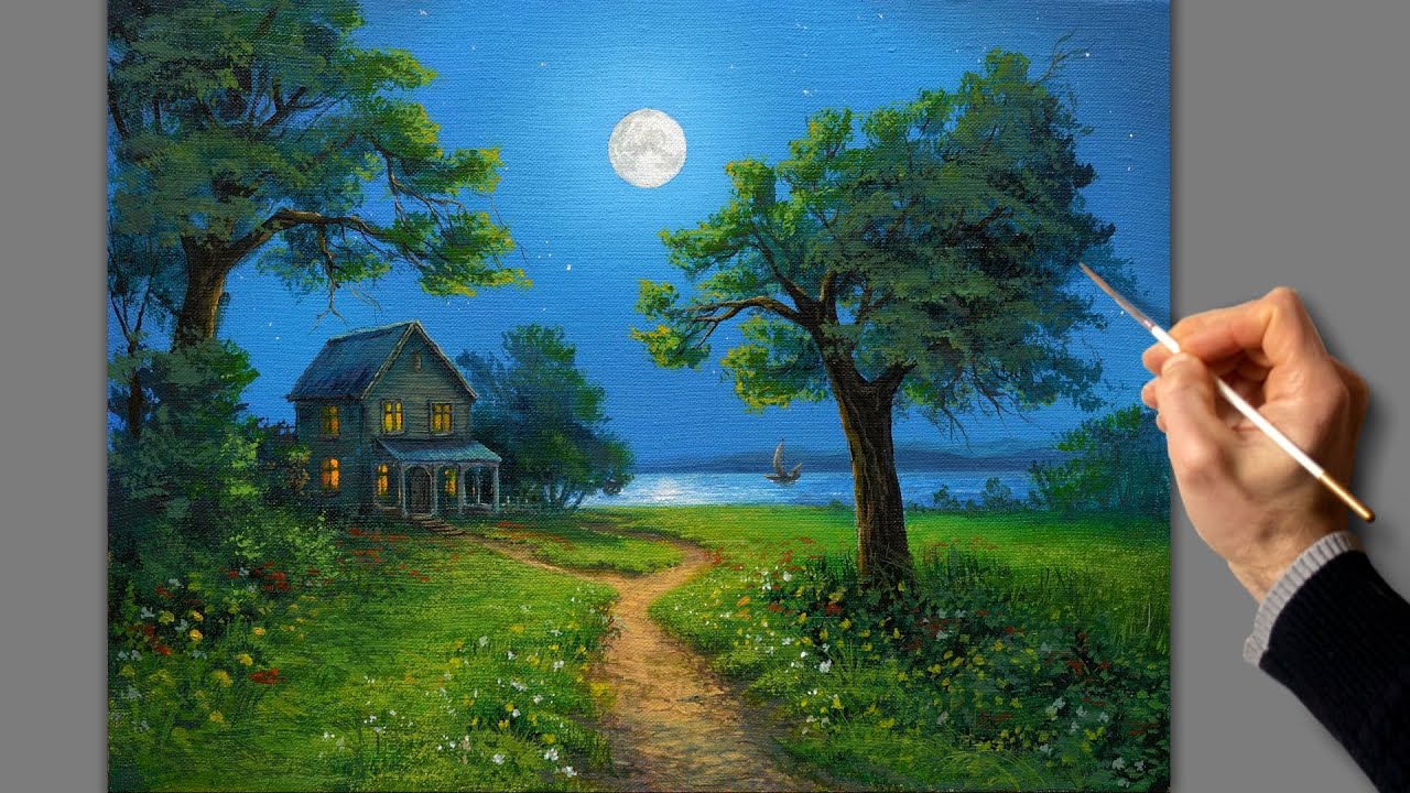 👍 Летняя ночь. Живопись акрилом. Рисование. Искусство.