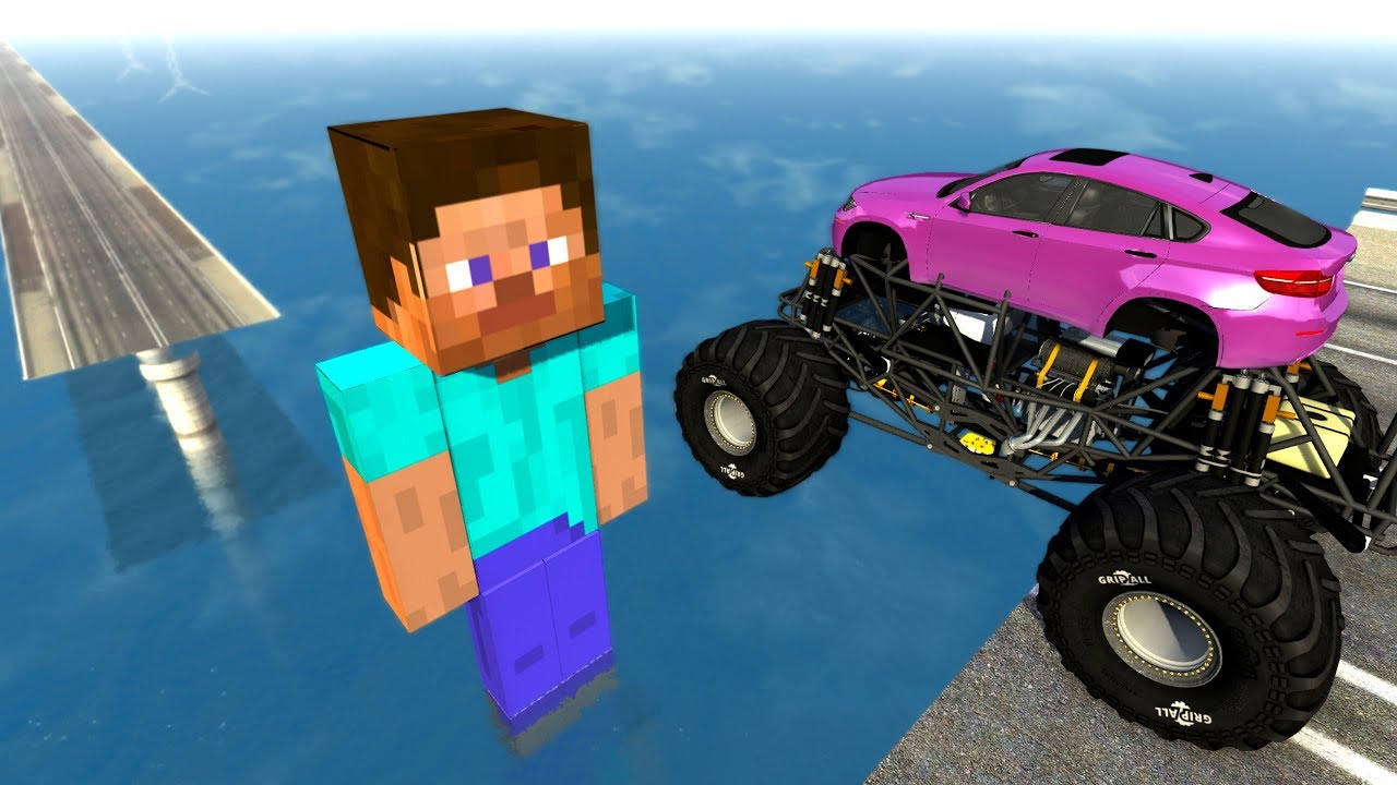 Open bridge Jumps over huge Steve from Minecraft (Jumping crashes) - Beamng drive