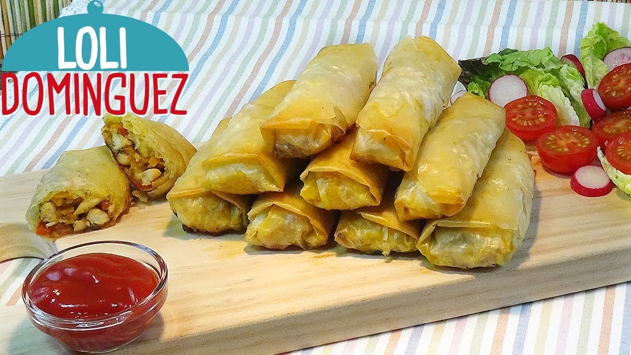Rollitos crujientes de pollo con verduras. Receta muy fácil con pasta filo. Loli Domínguez