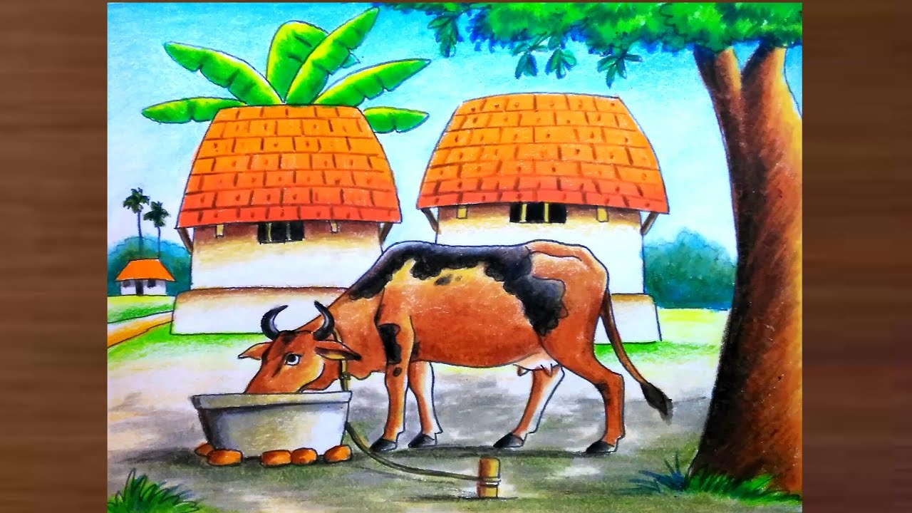 Village scenery drawing with cow step by step/cow drawing/Village scene drawing