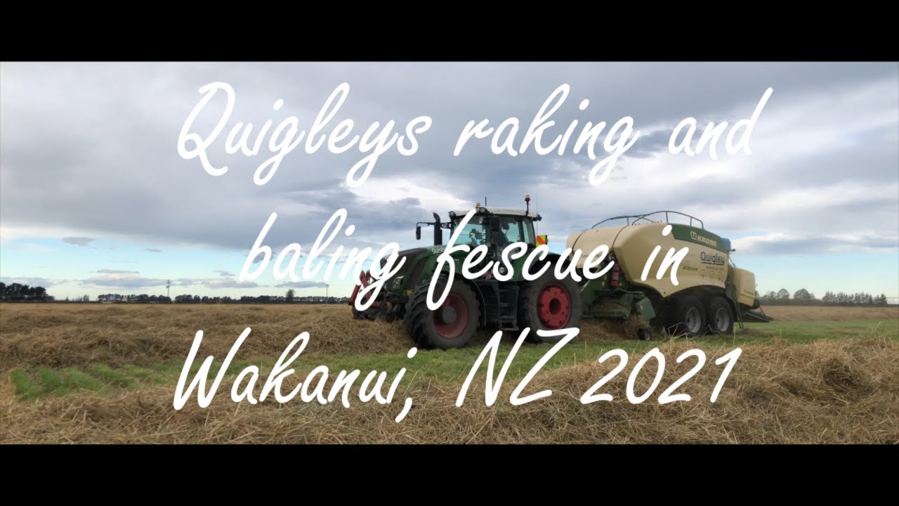 Quigley Contracting Raking and baling fescue straw in Wakanui NZ