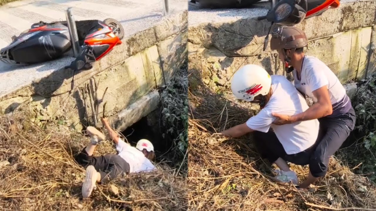 A Motorcycle Overturned On The Roadside; A Woman Nearly Fell Into A Ditch, But A Kind Man Helped Her
