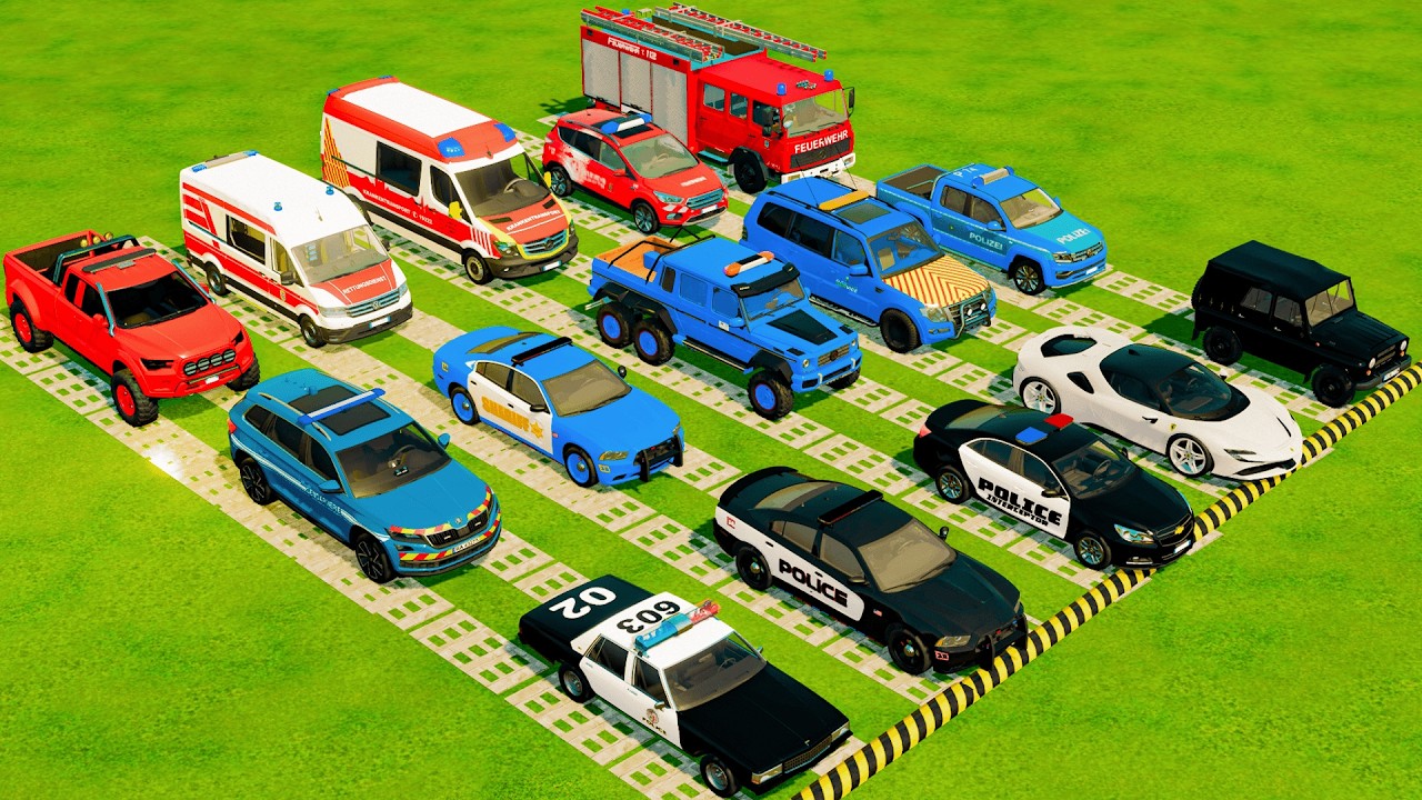 TRANSPORTING CARS, AMBULANCE, POLICE CARS, FIRE TRUCK OF COLORS! WITH TRUCKS! - FS 22