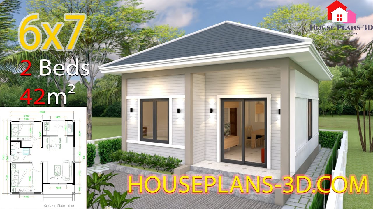 Simple House Plans 6x7 Meters with 2 bedrooms Hip Roof 20x23 Feet