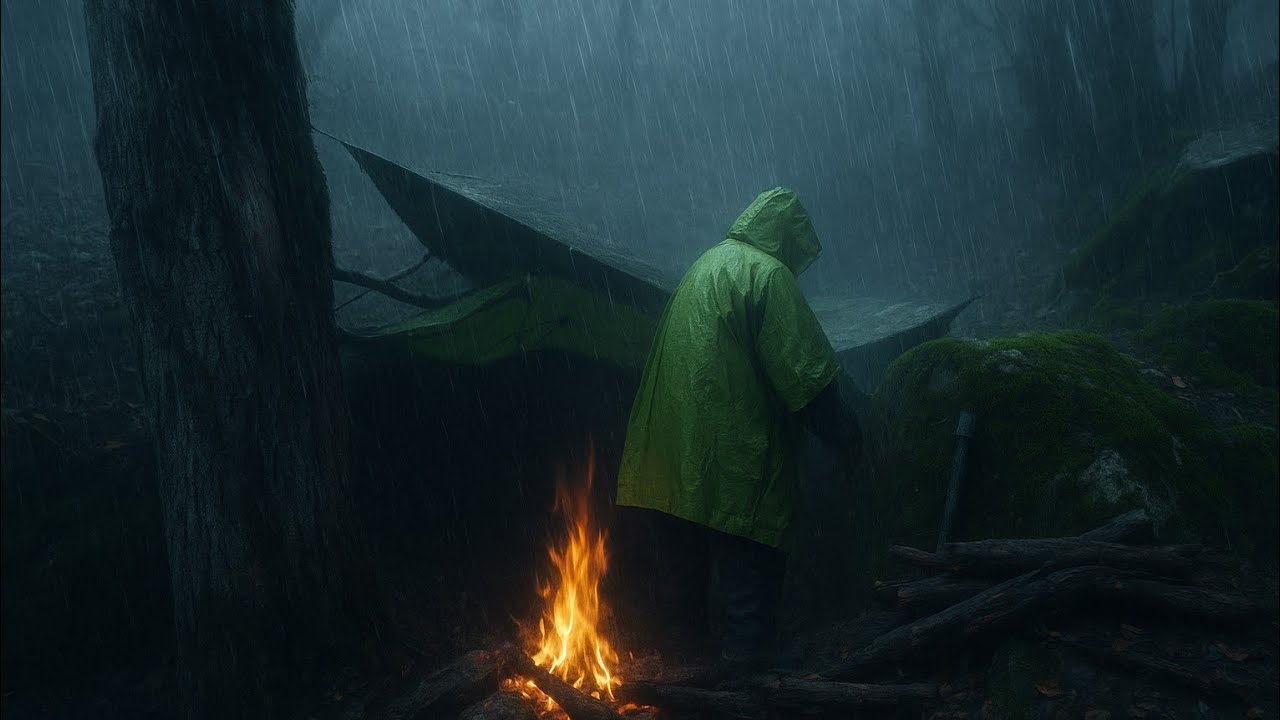 Camping alone in prehistoric forests | The sound of autumn rain and colorful leaves