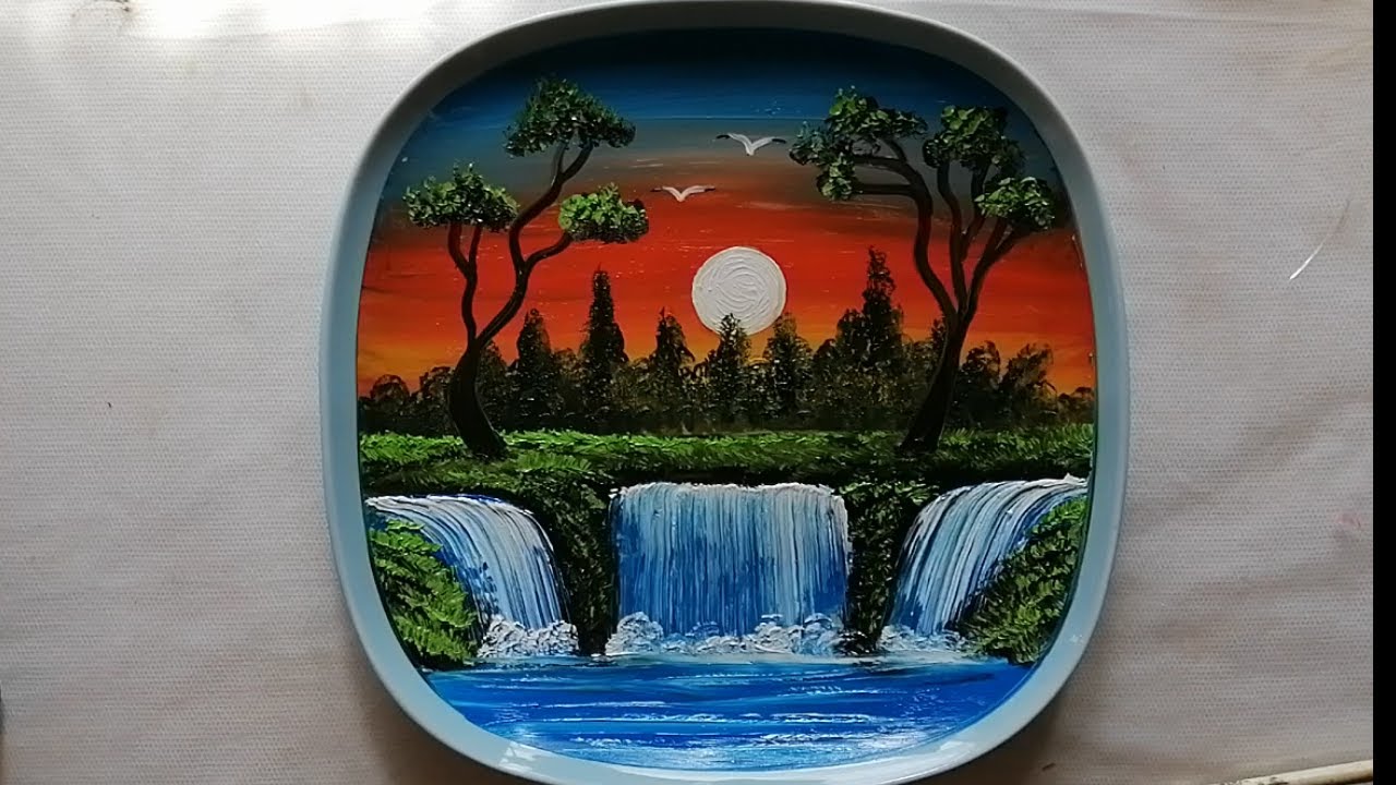 Cascadas pintadas en un plato de cerámica, tutorial para que puedas hacerlo sencillo y hermoso.